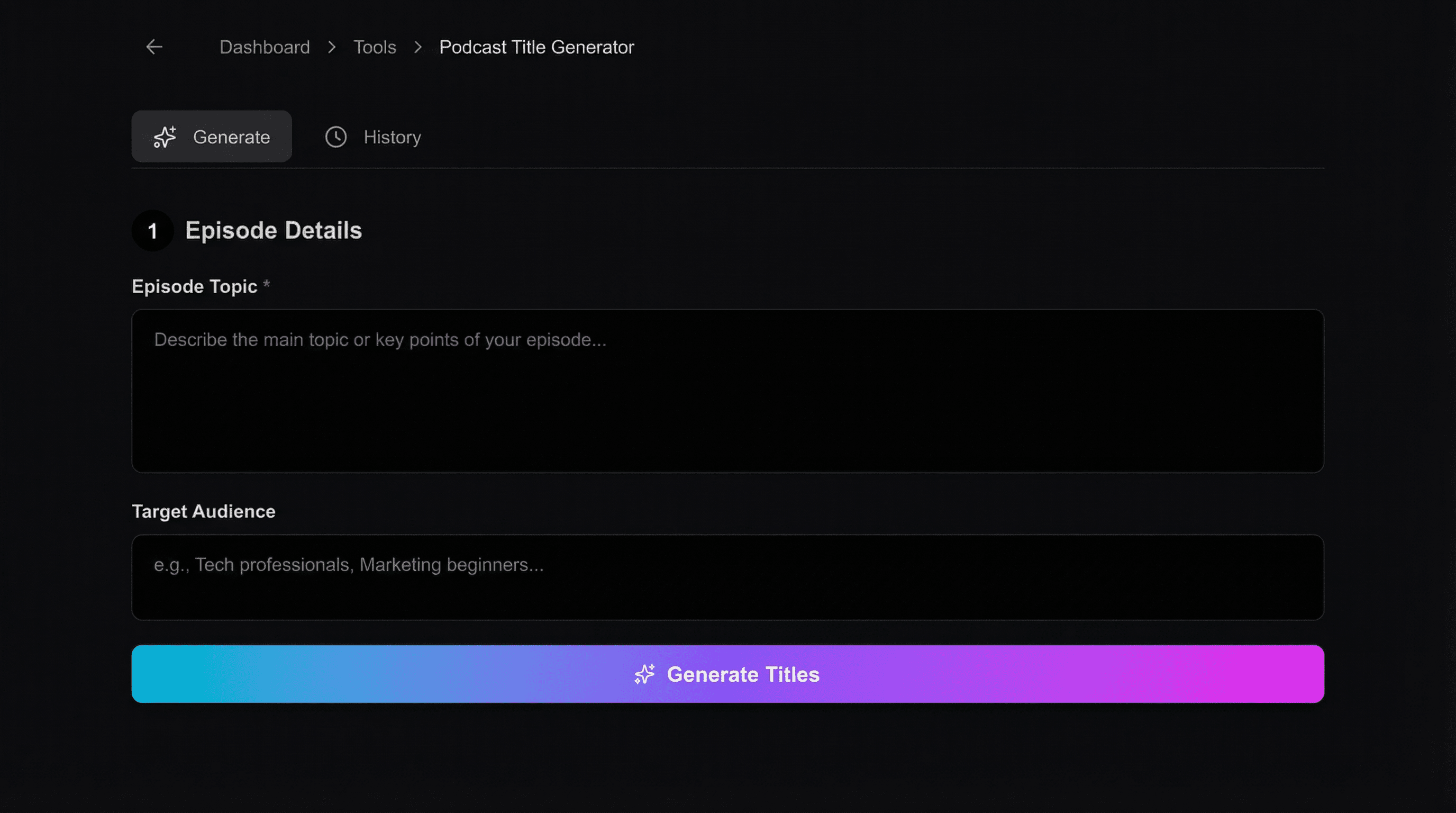 Screenshot of Sibl podcast title generator showing eight AI-generated episode title options for a tech interview podcast, each with an SEO score badge, a clickability rating bar, and a short episode description preview below the title