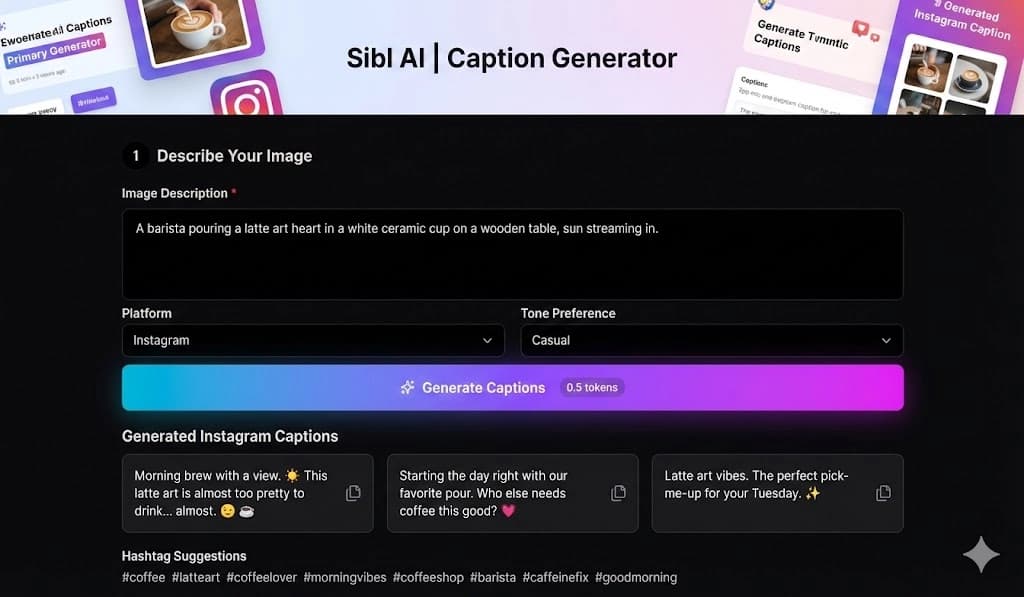 Screenshot of Sibl AI caption generator interface